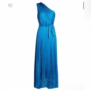 INTERMIX Luisa Pleated Satin One Shoulder High Low Gown Blue Midi Dress